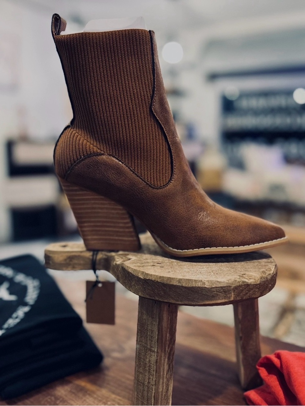 Women's Brown Suede-Look Ankle Bootie with Stacked Heel